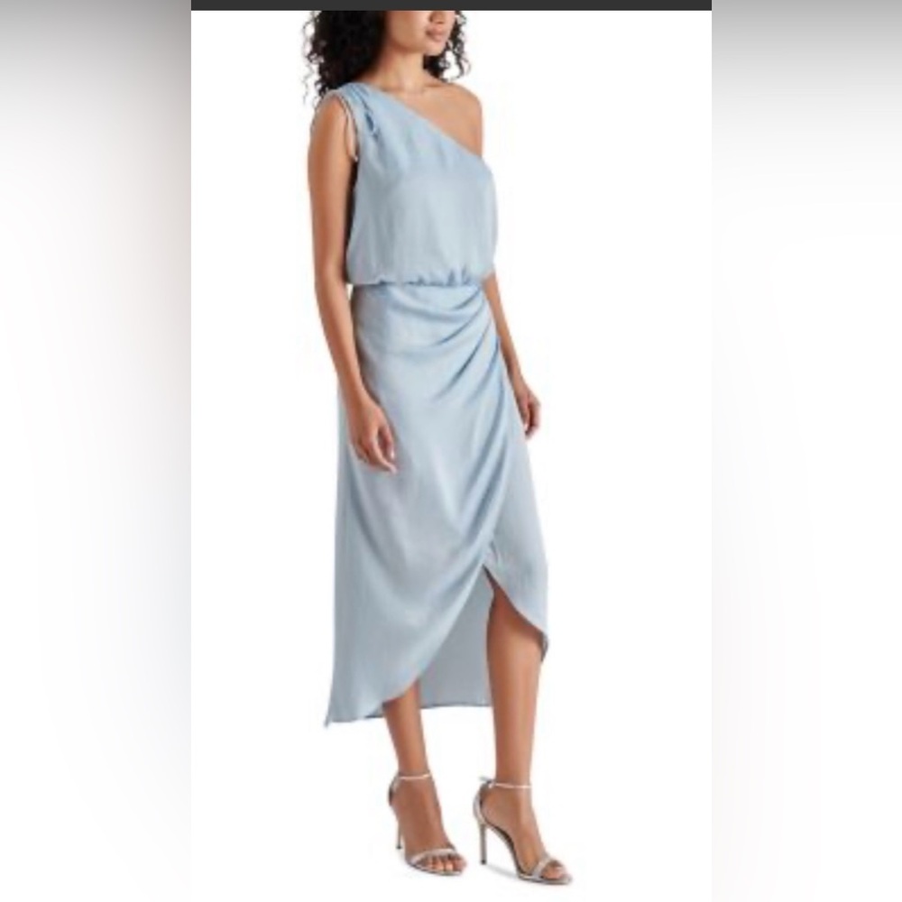Adele One Shoulder Satin Midi Dress Light Blue Sleeveless Draped Midi Dress